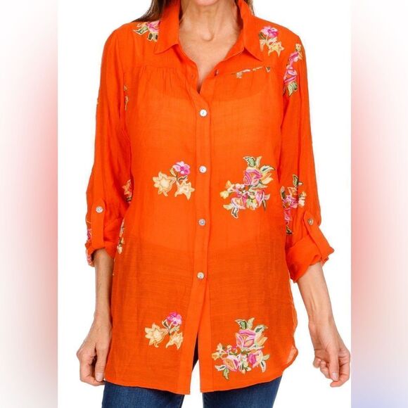 Anthropologie Fig & Flower Boho Peasant Blouse L Floral Embroidered Lightweight - Picture 1 of 12